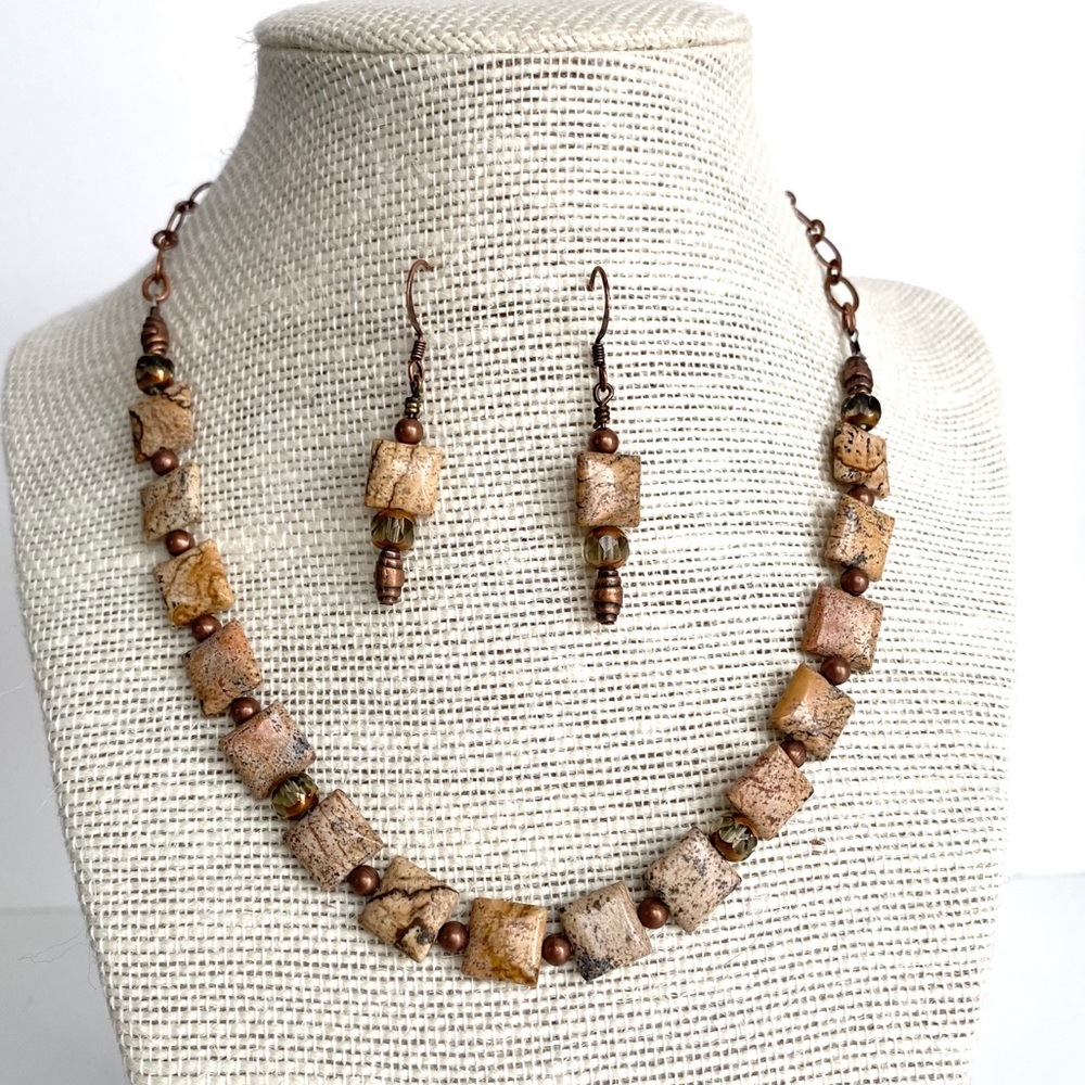 Natural Jasper Brown Tan Square Bead Necklace and Earrings Set- Earth Tones